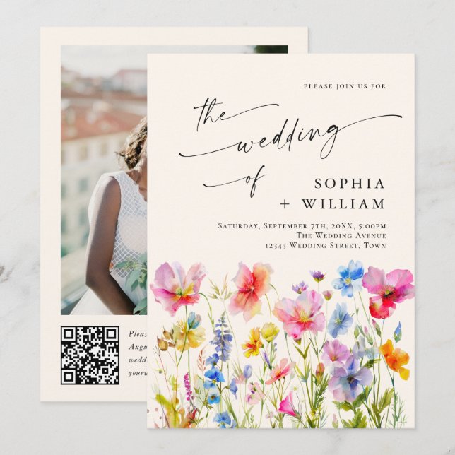Festive Bright Watercolor Wild Flowers Wedding Invitation (Front/Back)