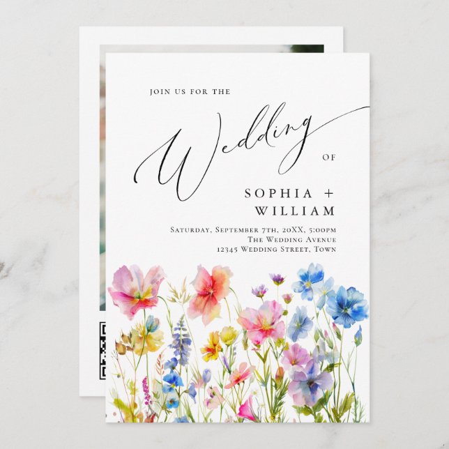 Festive Bright Watercolor Wild Flowers Wedding Invitation (Front/Back)