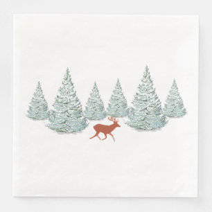 Festive Brown Deer under Snowy Spruce Trees Napkin