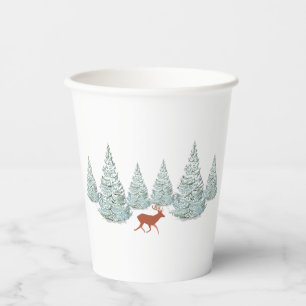 Festive Brown Deer under Snowy Spruce Trees   Paper Cups
