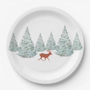 Festive Brown Deer under Snowy Spruce Trees Paper Plate