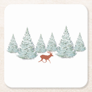 Festive Brown Deer under Snowy Spruce Trees Square Paper Coaster