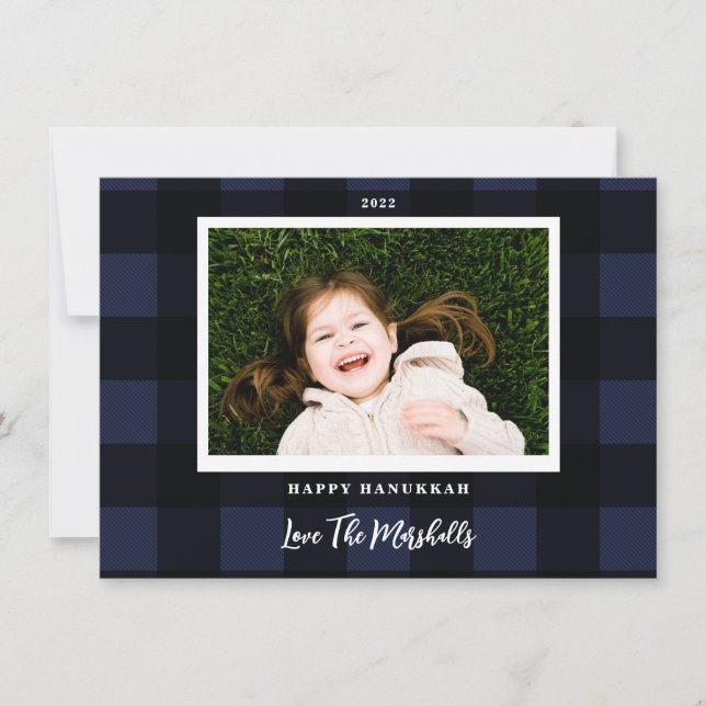 Festive Buffalo Plaid Navy Hanukkah Holiday Photo (Front)