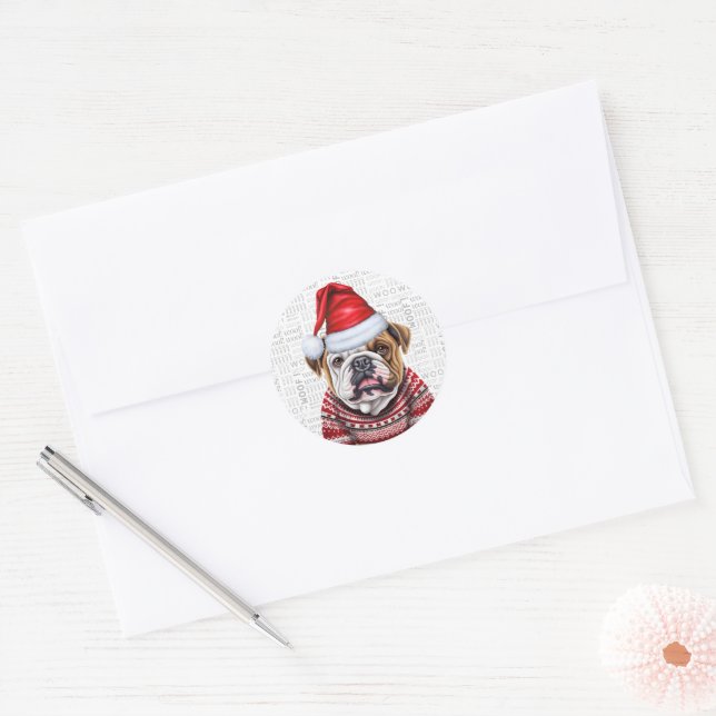 Festive Bulldog and Woof Word Art Christmas Classic Round Sticker (Envelope)