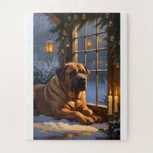 Festive Bullmastiff with Christmas Lights Holiday Jigsaw Puzzle