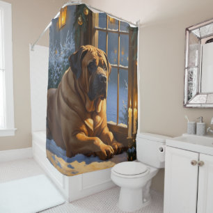 Festive Bullmastiff with Christmas Lights Holiday Shower Curtain