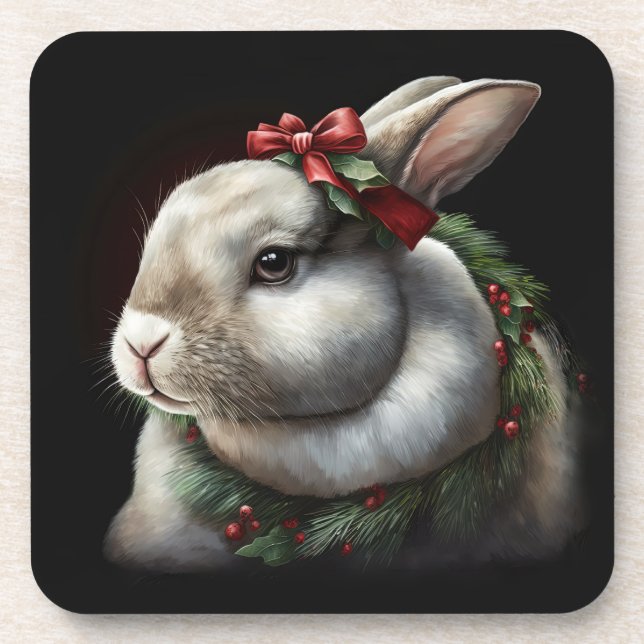 Festive Bunny Winter Holidays/Christmas Coasters (Front)