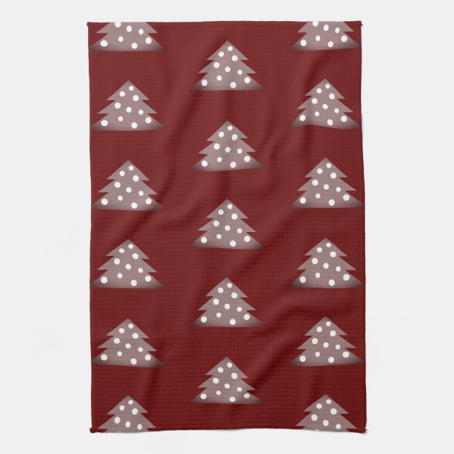 Festive Burgundy Christmas Tree Pattern Holiday  Tea Towel (Vertical)