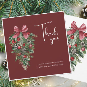 Festive Burgundy Green Winter Christmas Wedding Thank You Card