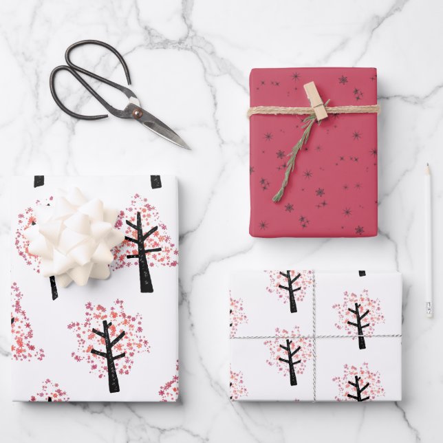 Festive Burgundy Snowflake Christmas Tree Wrapping Paper Sheet (Front)