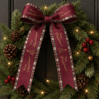 Festive Burgundy Tartan Christmas Tree Family Name Satin Ribbon