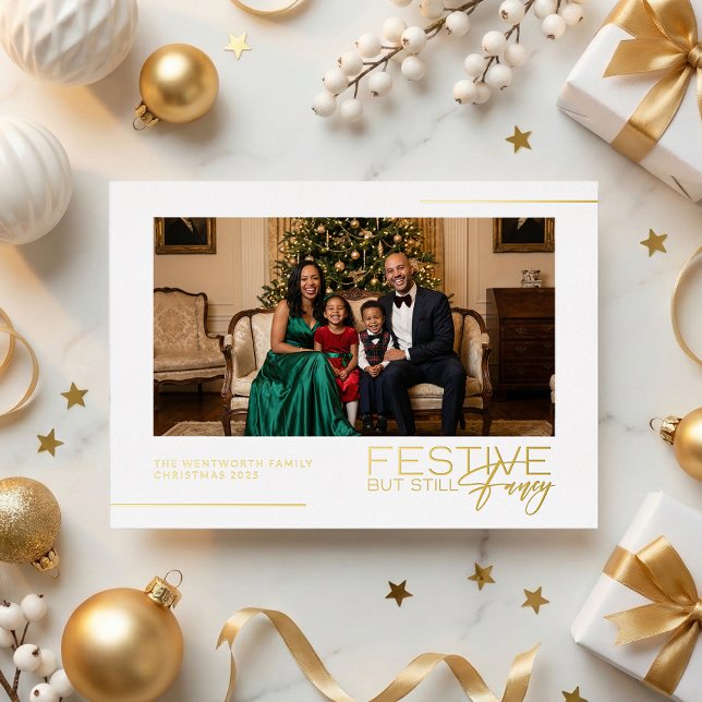 Festive But Still Fancy Photo Foil Christmas Card (Chic White and Gold Foil Family Photo Christmas Card | Festive but Still Fancy Christmas Card)