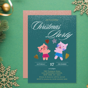Festive calligraphy cats green Christmas party Invitation