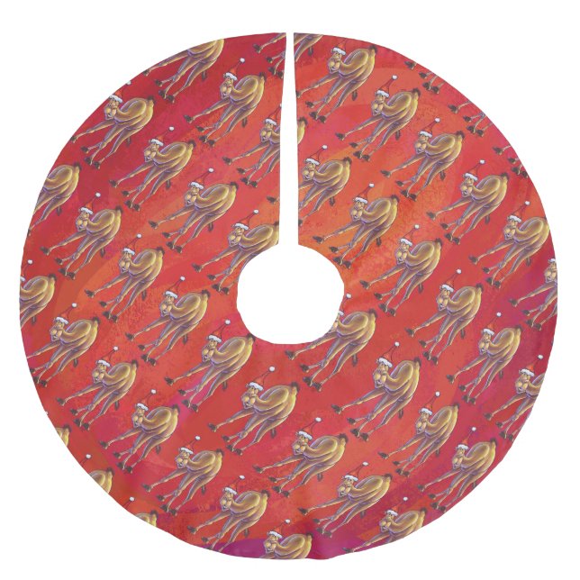 Festive Camel Pattern On Red Brushed Polyester Tree Skirt (Front)