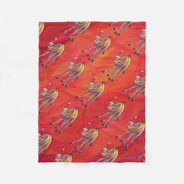 Festive Camel Pattern On Red Fleece Blanket (Front)