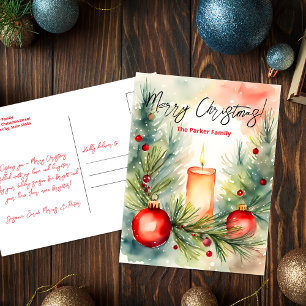 Festive Candle Pine Branches Christmas Greeting Holiday Postcard