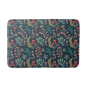 Festive Candy Cane and Holly Pattern Bath Mat
