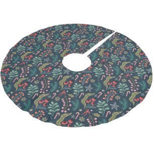 Festive Candy Cane and Holly Pattern Brushed Polyester Tree Skirt