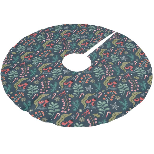 Festive Candy Cane and Holly Pattern Brushed Polyester Tree Skirt (Angled)