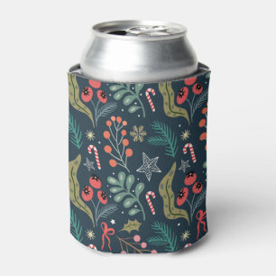 Festive Candy Cane and Holly Pattern Can Cooler