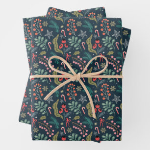 Festive Candy Cane and Holly Pattern Wrapping Paper Sheet