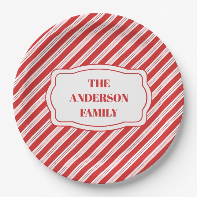 Festive Candy Cane Striped Christmas Red White  Paper Plate (Front)