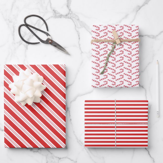Festive Candy Cane Striped Christmas Red White Wrapping Paper Sheet (Front)