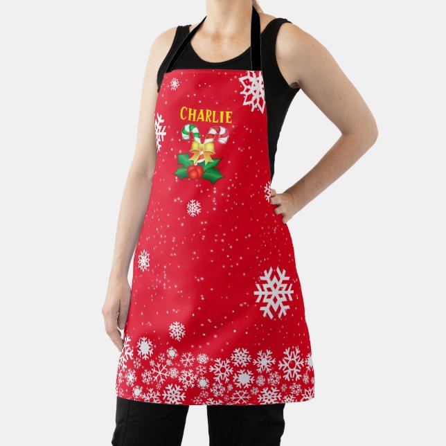 FESTIVE Candy Canes Holly with Snowflakes on RED Apron (Insitu)