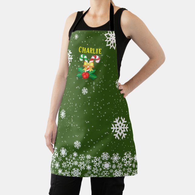 FESTIVE Candy Canes & Snowflakes Dark GREEN Apron (Insitu)