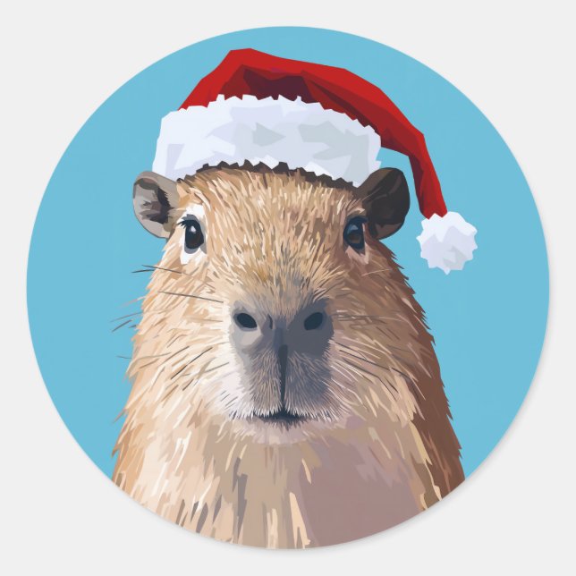 Festive Capybara in Santa Hat Classic Round Sticker (Front)