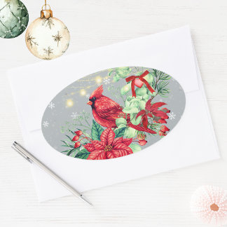 Festive Cardinal Bird Oval Sticker