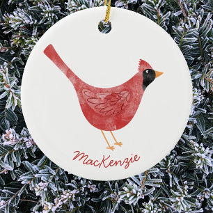 Festive Cardinal Bird Watercolor Personalised Ceramic Tree Decoration