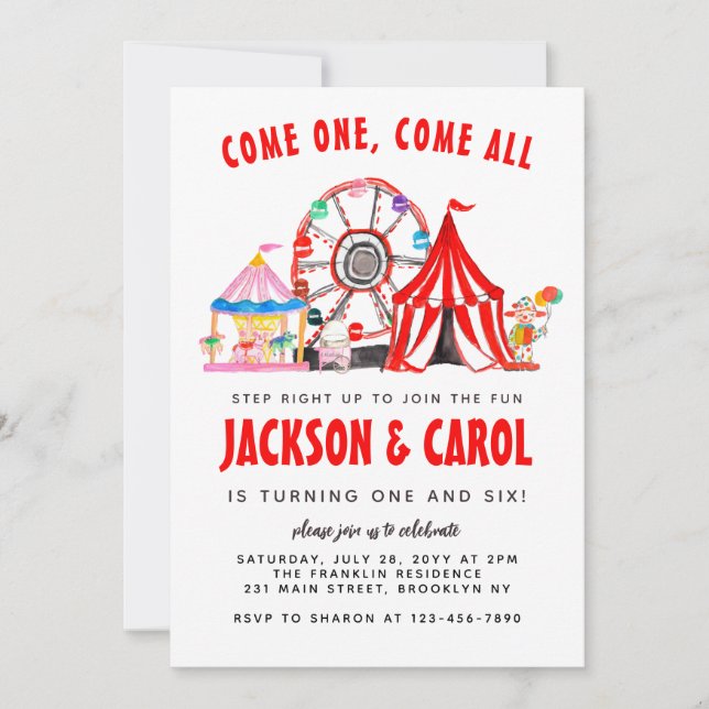 Festive Carnival Circus Show Kid Joint Birthday Invitation (Front)