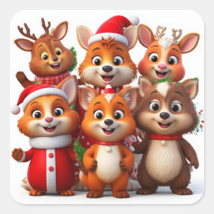 Festive Cartoon Animals in Christmas Costumes Square Sticker