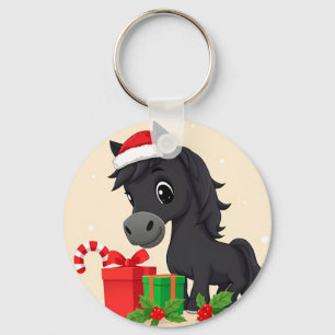 Festive Cartoon Black Horse With Santa Hat Key Ring
