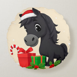 Festive Cartoon Black Horse With Santa Hat Round Cushion
