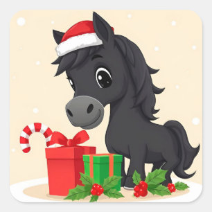Festive Cartoon Black Horse With Santa Hat Square Sticker