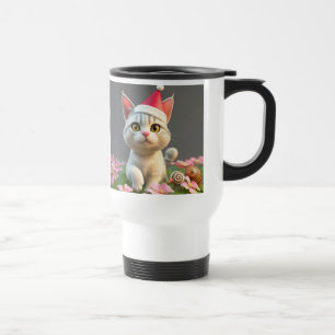 Festive Cartoon Cat with Santa Hat Among Flowers  Travel Mug