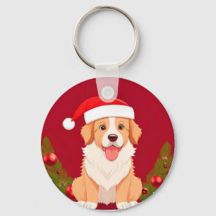 🐶 Festive Cartoon Dog With Santa Hat For Holiday Key Ring