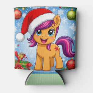 Festive Cartoon Pony Wearing Santa Hat Can Cooler