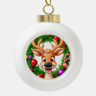 Festive Cartoon Reindeer Ceramic Ball Christmas Ornament