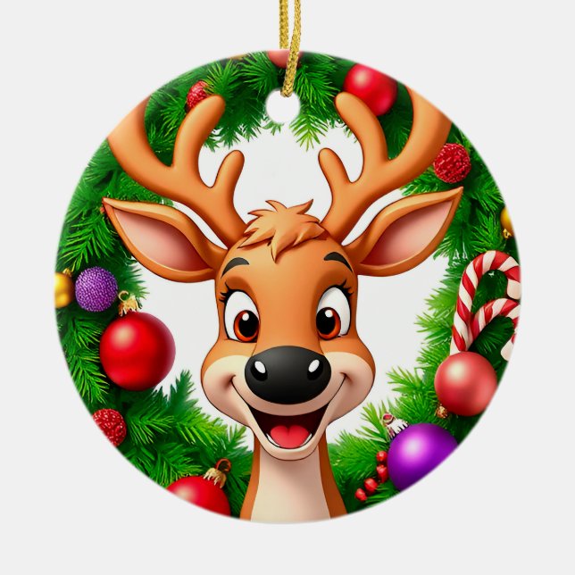 Festive Cartoon Reindeer Ceramic Tree Decoration (Front)