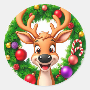 Festive Cartoon Reindeer Classic Round Sticker