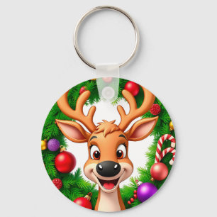 Festive Cartoon Reindeer Key Ring