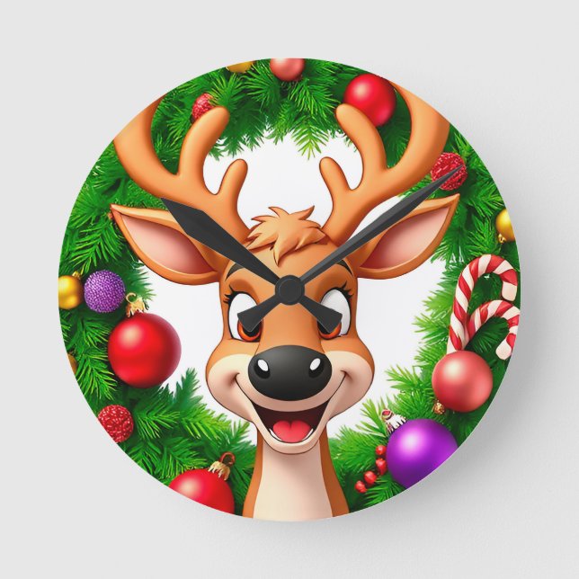 Festive Cartoon Reindeer Round Clock (Front)