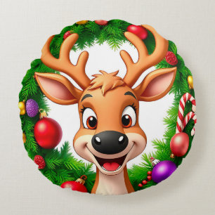 Festive Cartoon Reindeer Round Cushion