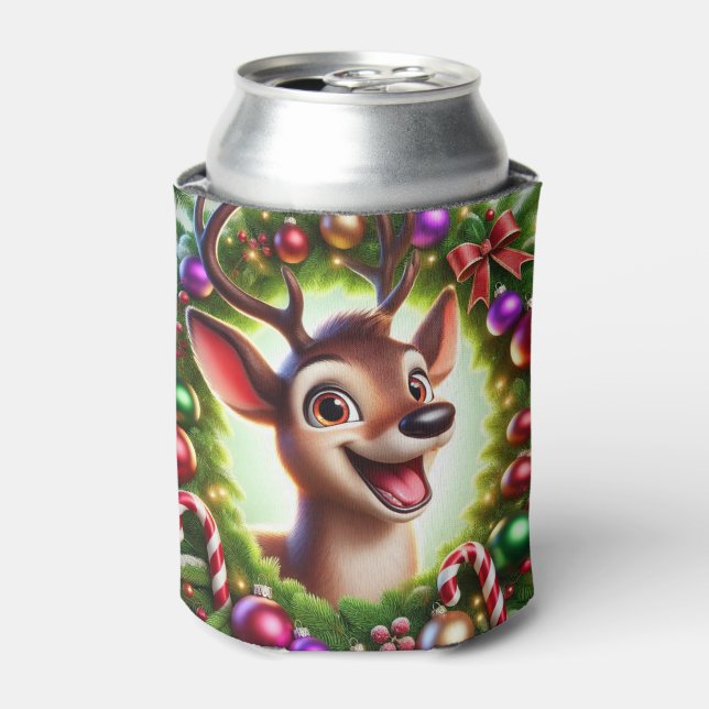 Festive Cartoon Reindeer with Christmas Decoration Can Cooler (Can Front)