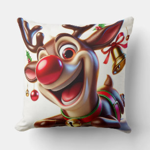 Festive Cartoon Reindeer with Christmas Decoration Cushion