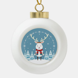 Festive Cartoon Reindeer with Scarf Ceramic Ball Christmas Ornament
