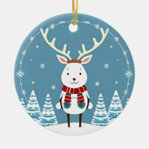 Festive Cartoon Reindeer with Scarf Ceramic Tree Decoration